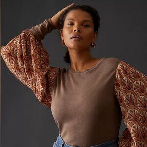 Anthropologie Bl-nk London Puff Sleeve Brown and Paisley Sweater
